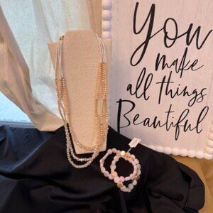 Sparkle Box Set 20 - Multistrand Beaded Necklace + Pink & Cream Stretch Bracelet